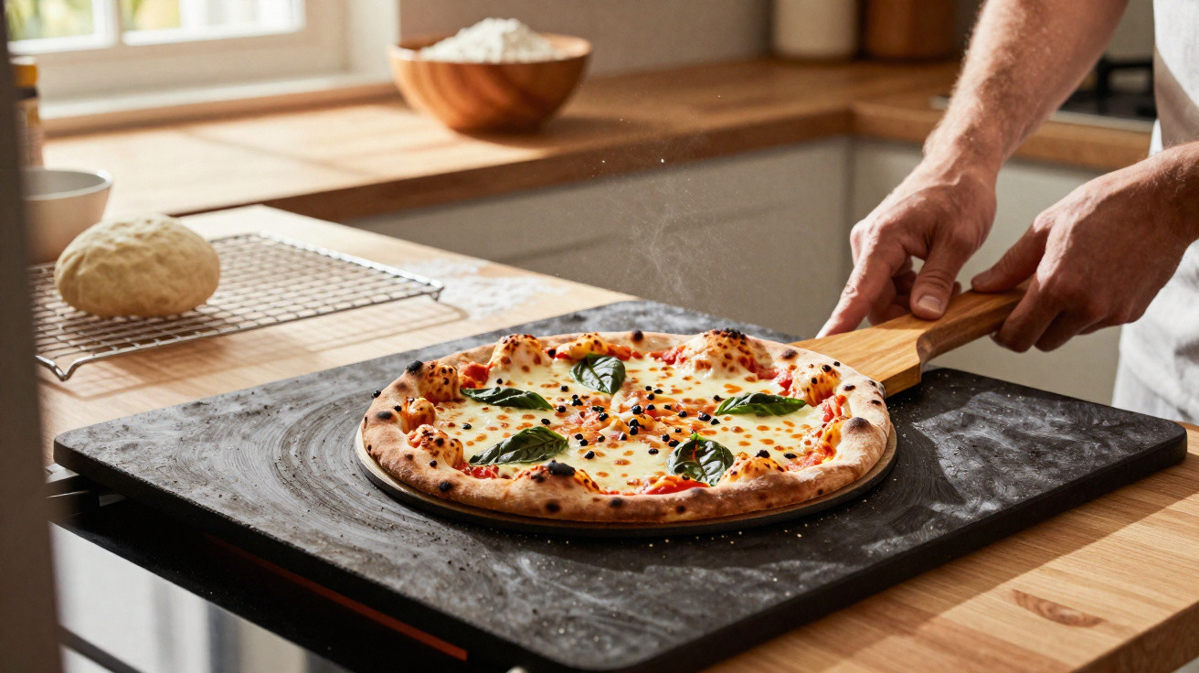 Hands removing freshly baked Margherita pizza with basil from oven on wooden pizza peel