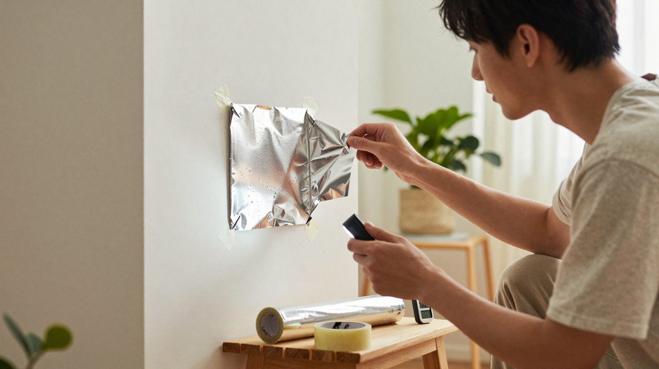 Person peeling aluminium foil off a taped-up patch on a white wall, holding a remote control.