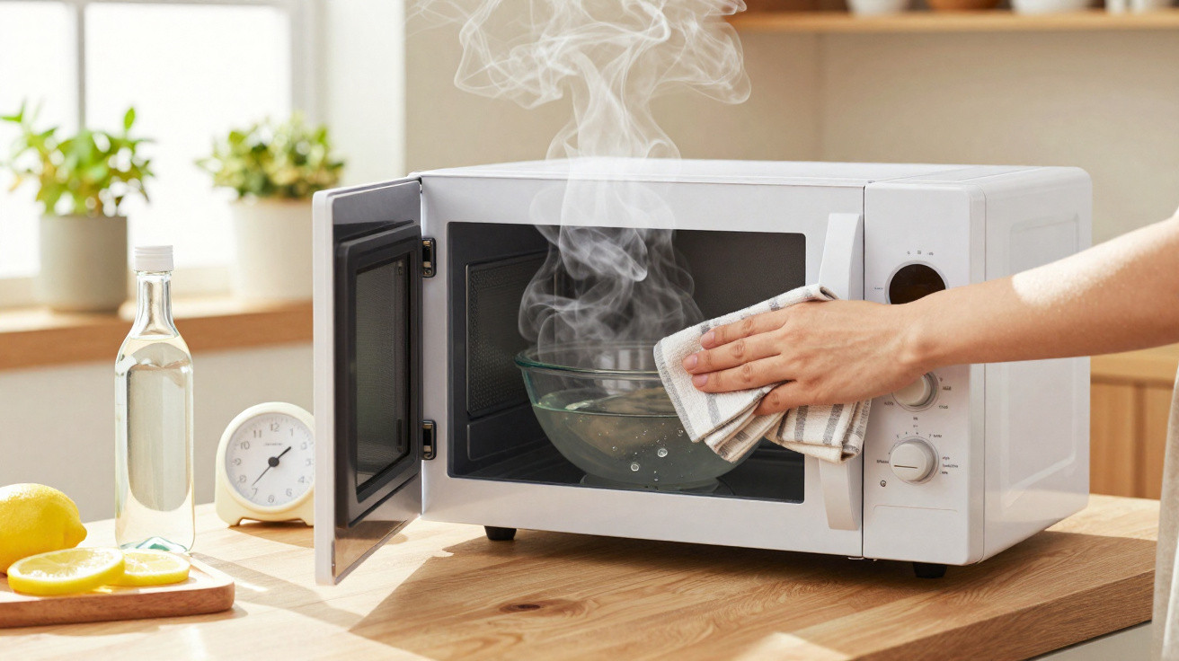 Hand removing a steaming glass bowl from an open microwave in a bright kitchen setting.