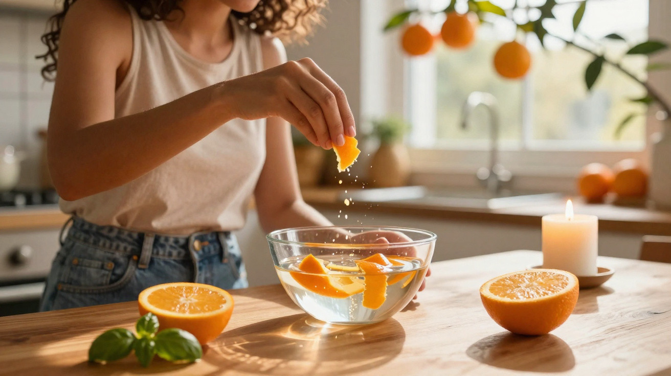 Person zesting orange peel into a bowl of water on a kitchen counter with oranges and a lit candle nearby