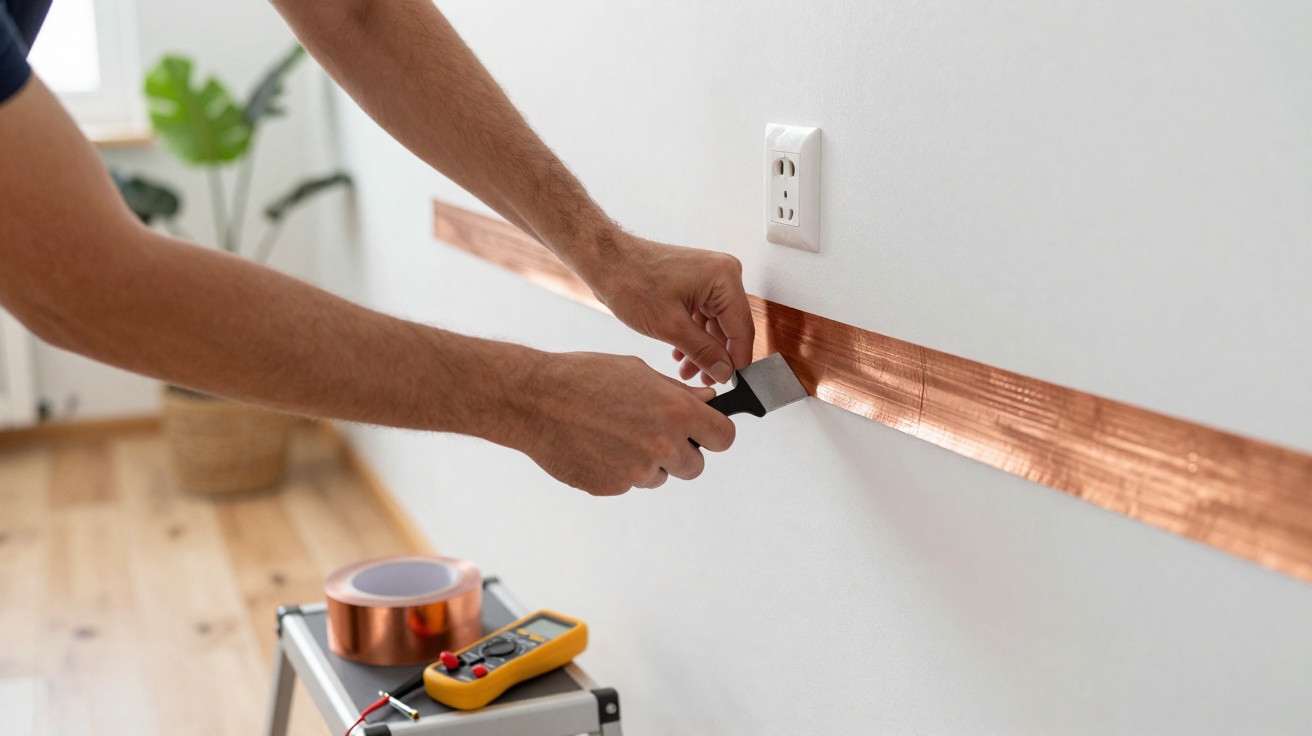 Person installing copper tape on a white wall near an electrical outlet, with tools on a nearby stool.