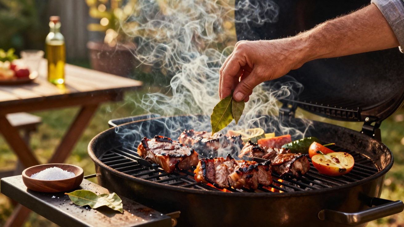 Hand placing a bay leaf on smoky grilled meat and vegetables on a barbecue grill outdoors.