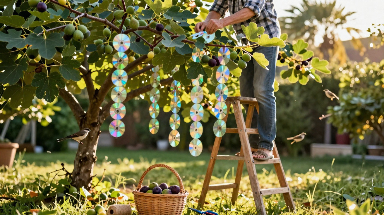 Person on ladder hanging CDs on fig tree branches with basket of figs and birds flying nearby in garden.