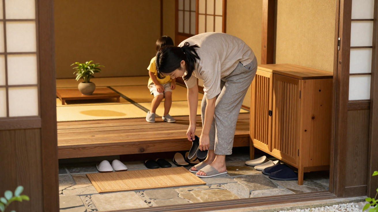 Woman and child removing shoes at the entrance of a traditional Japanese-style home with tatami mats.