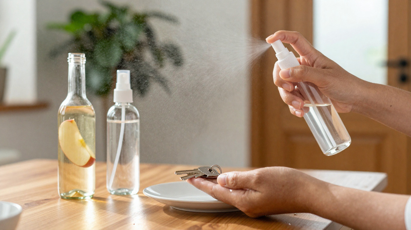Person spraying disinfectant on keys held over a plate on a wooden table indoors.