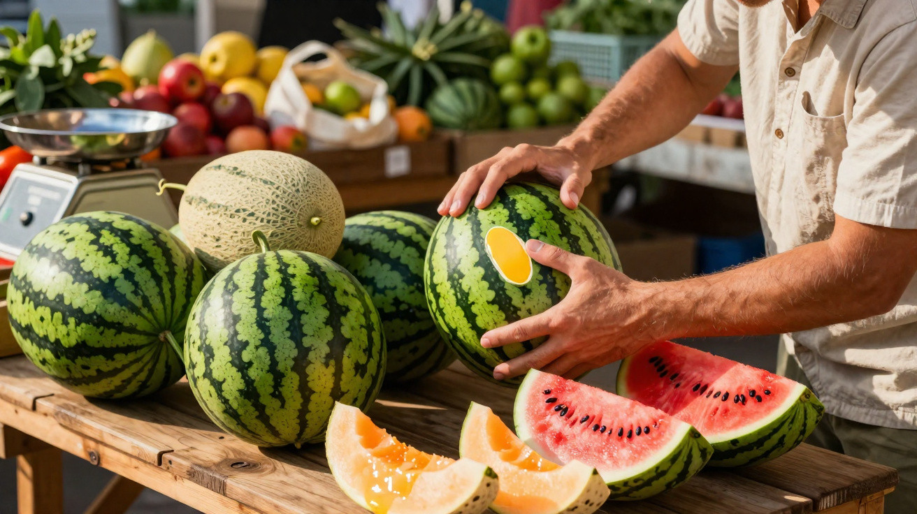 Person selecting watermelons on a market stall with sliced watermelon and melon pieces on the table.