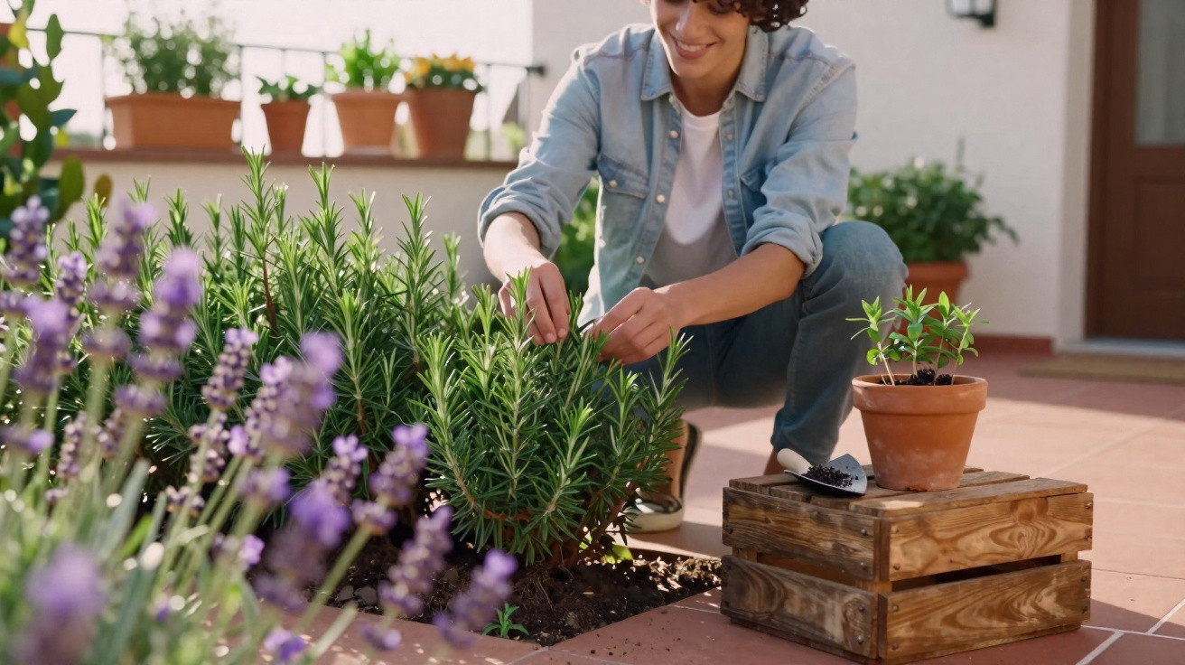 Person tending to potted and garden plants on a sunny patio with lavender and rosemary visible.