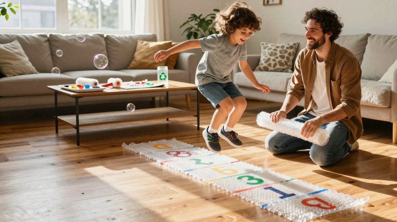 Child joyfully jumps on a bubble wrap hopscotch while an adult rolls more bubble wrap on the floor in a living room.