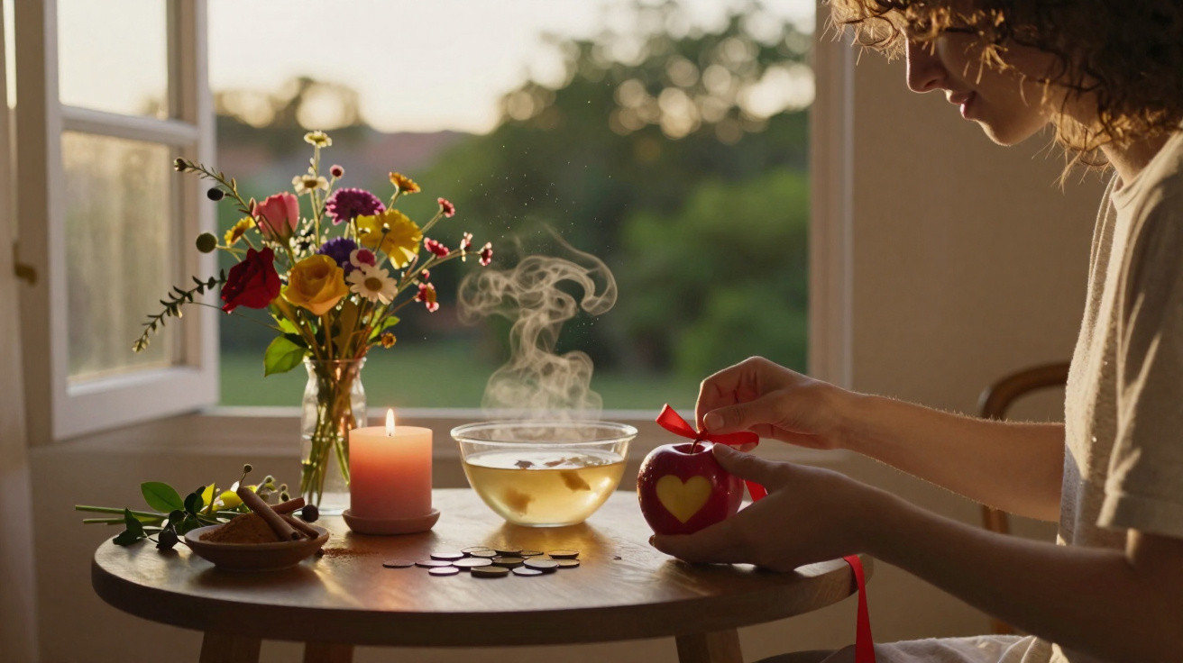 Person holding a red heart-shaped box tied with a ribbon at a table with flowers, candle, and steaming tea.