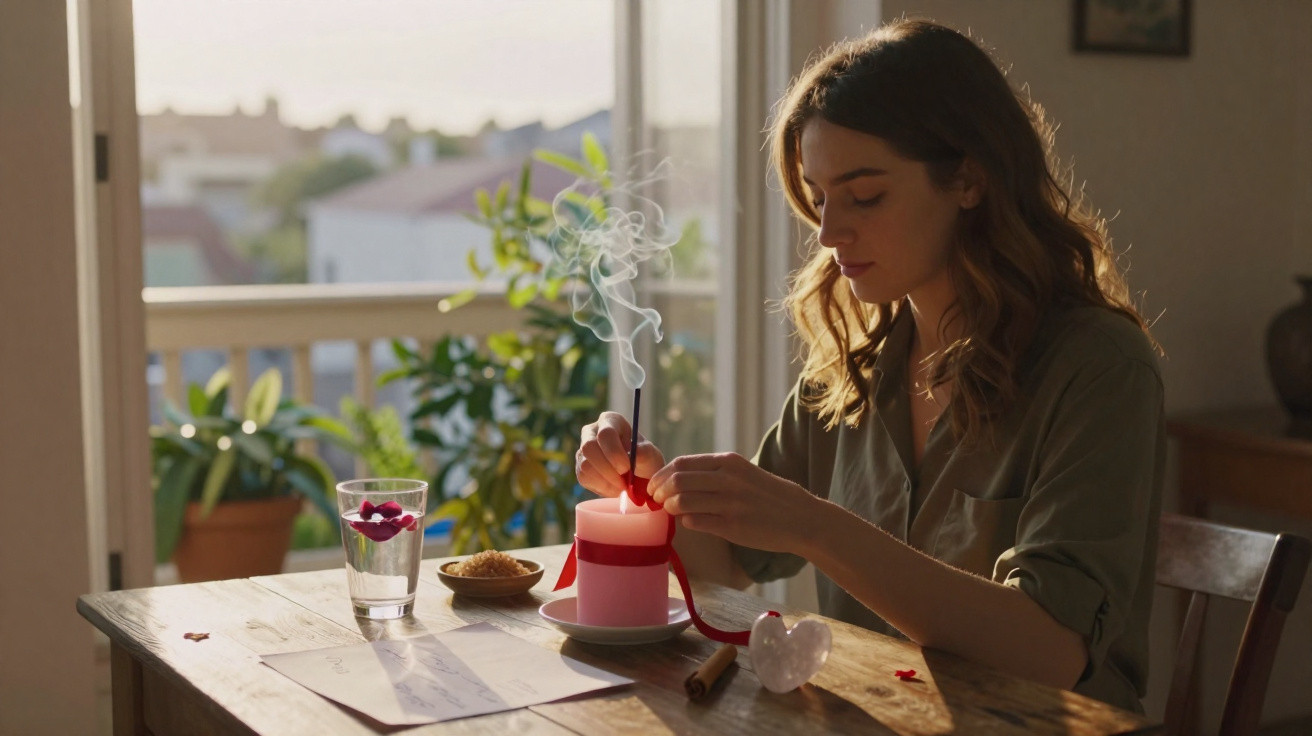 Young woman lighting an incense stick next to a pink candle on a wooden table by a sunlit window.