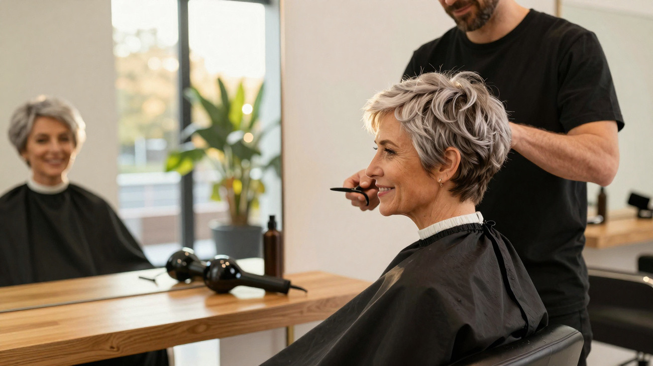 Woman with short grey hair getting a haircut from a barber in a modern hair salon.