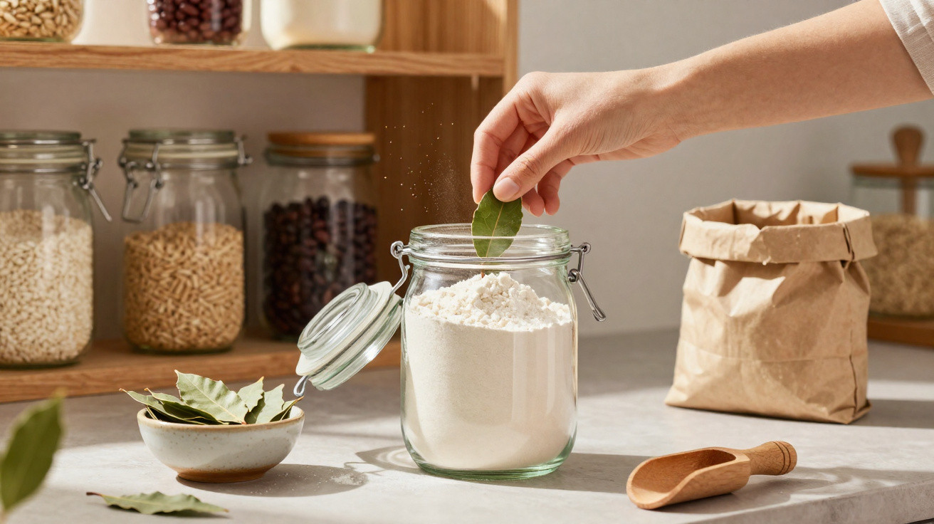 Hand placing a bay leaf into a glass jar of flour on a kitchen counter with jars and a paper bag in the background.