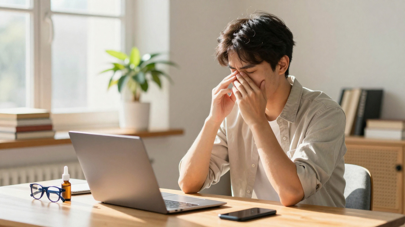 Tired man rubbing his eyes sitting at a desk with a laptop, phone, glasses, and medicine bottle nearby.