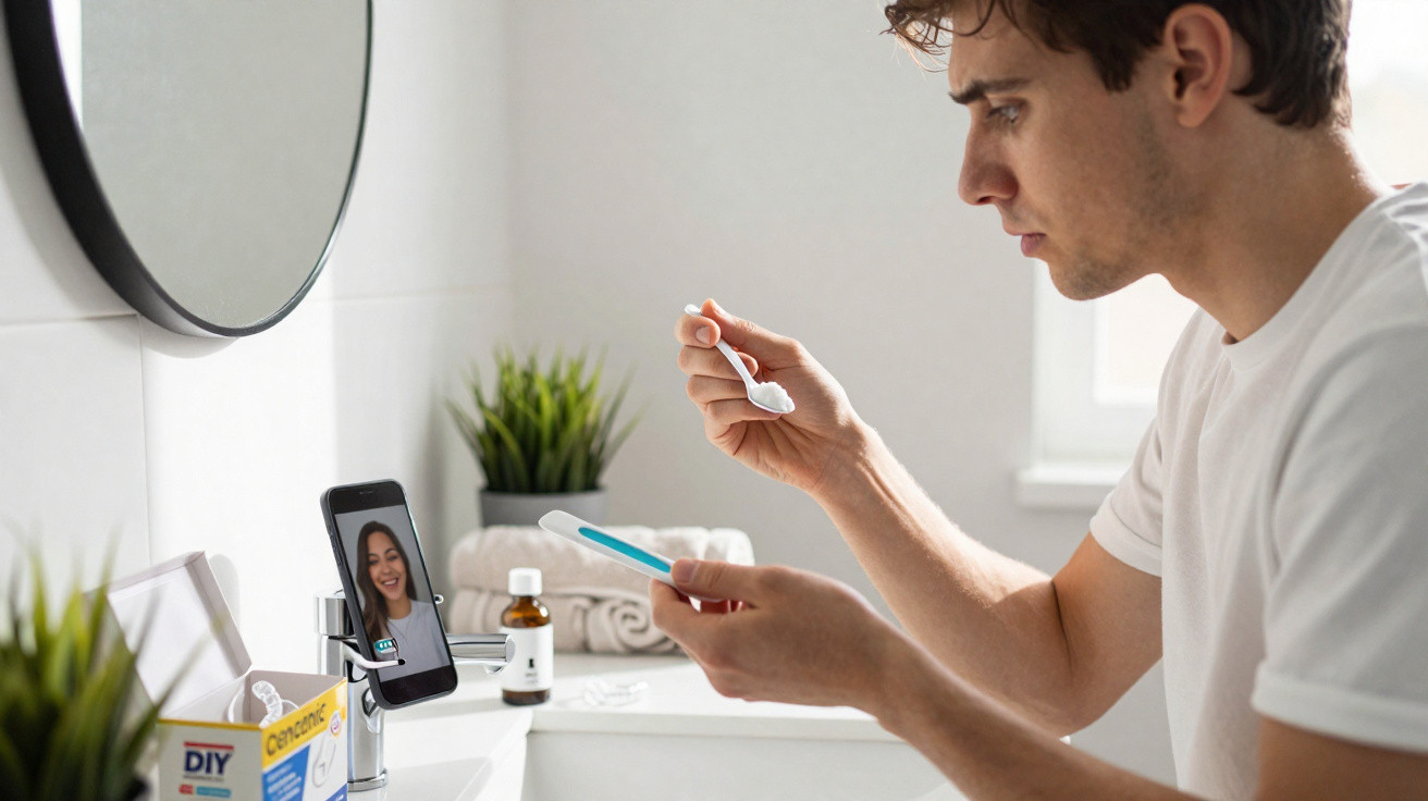 Man in bathroom video-calling while taking an oral temperature with a digital thermometer and holding a spoon.