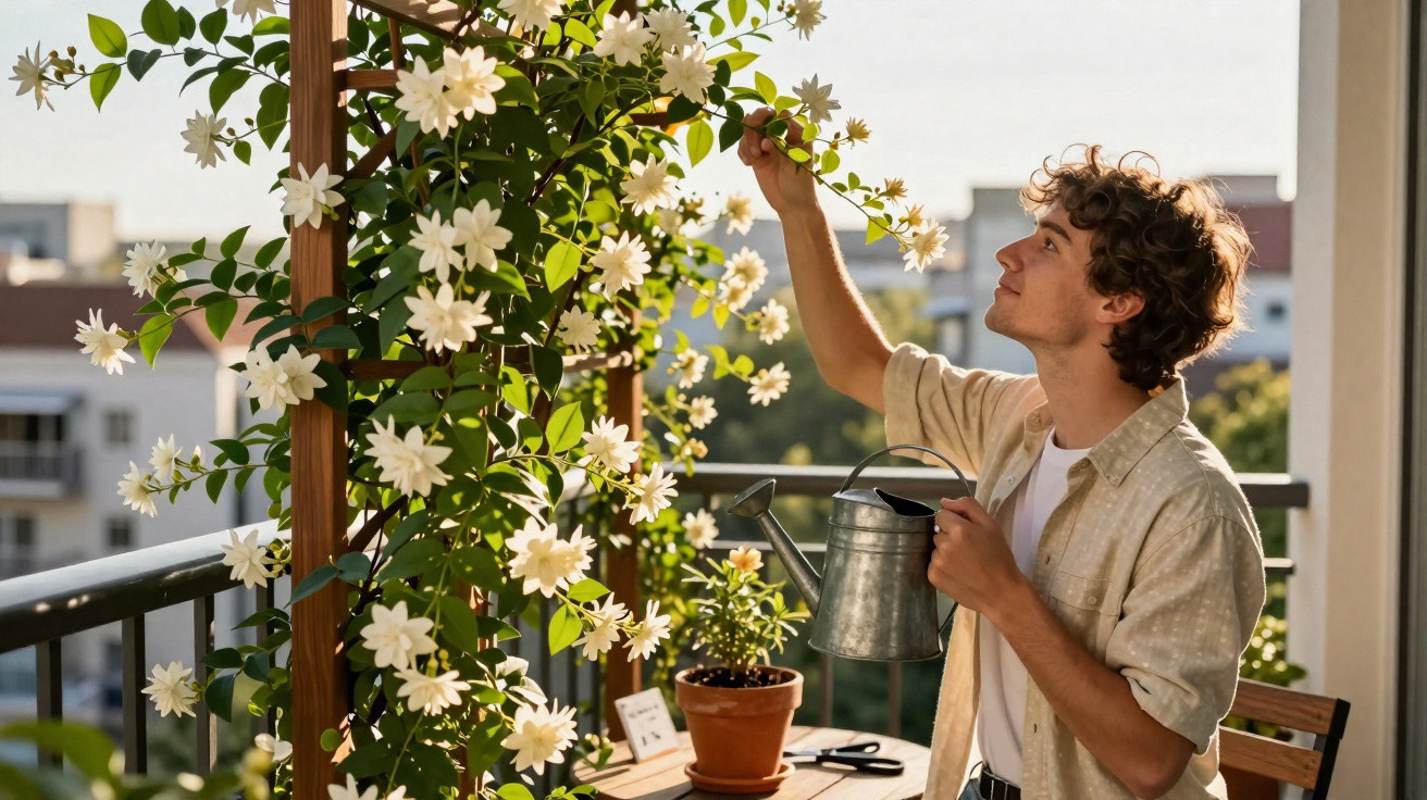 Young man watering and tending to white flowering plants on a balcony during daylight.