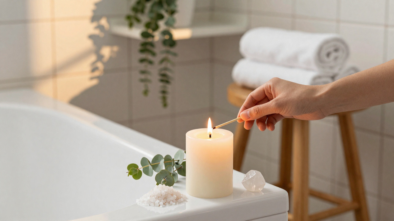 Hand lighting a white candle on a bathroom edge with bath salts, eucalyptus leaves, and towels in the background.