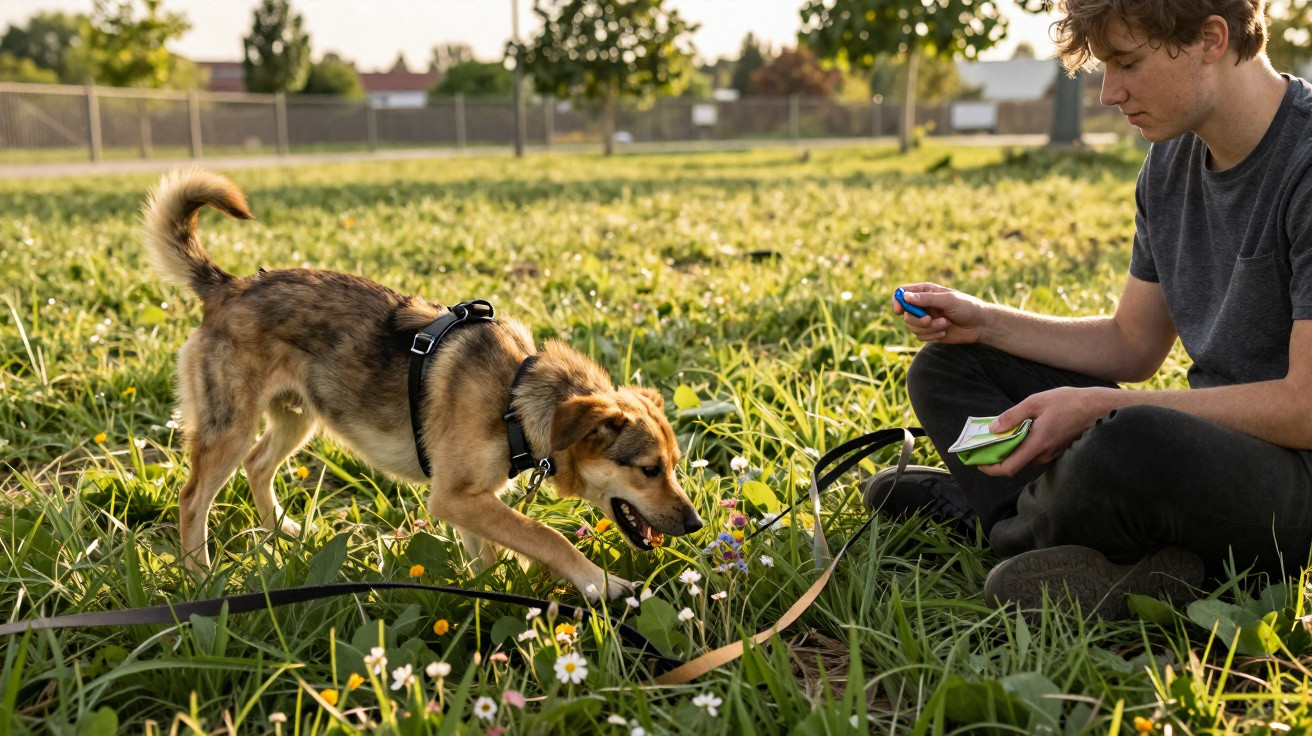 Young man training a dog in a grassy park with wildflowers on a sunny day.