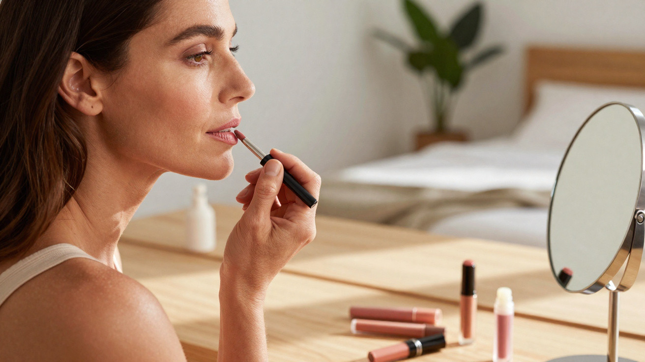 Woman applying lipstick while looking into a mirror on a wooden vanity in a softly lit bedroom.