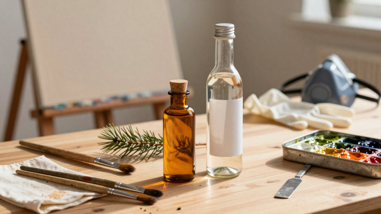 Two glass bottles, paintbrushes, a paint palette, and a respirator mask on a wooden table with an easel in the background.