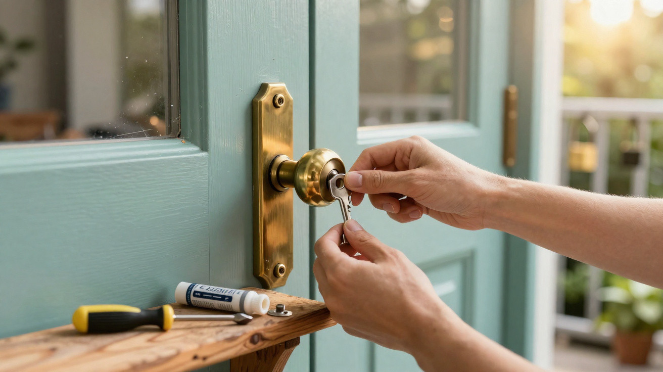 Hands using a key to unlock a brass door handle on a blue wooden door at sunset.