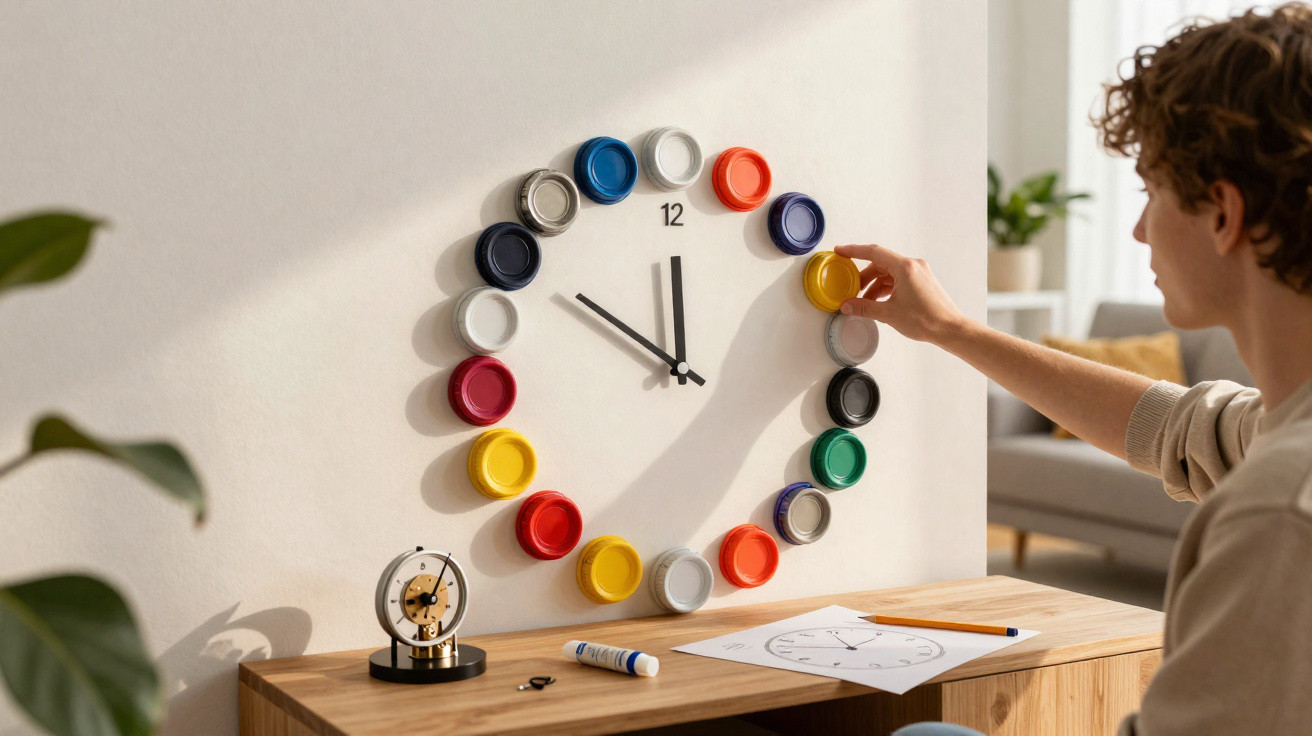 Person adjusting colourful circular caps arranged as a wall clock showing 11:05 in a living room.
