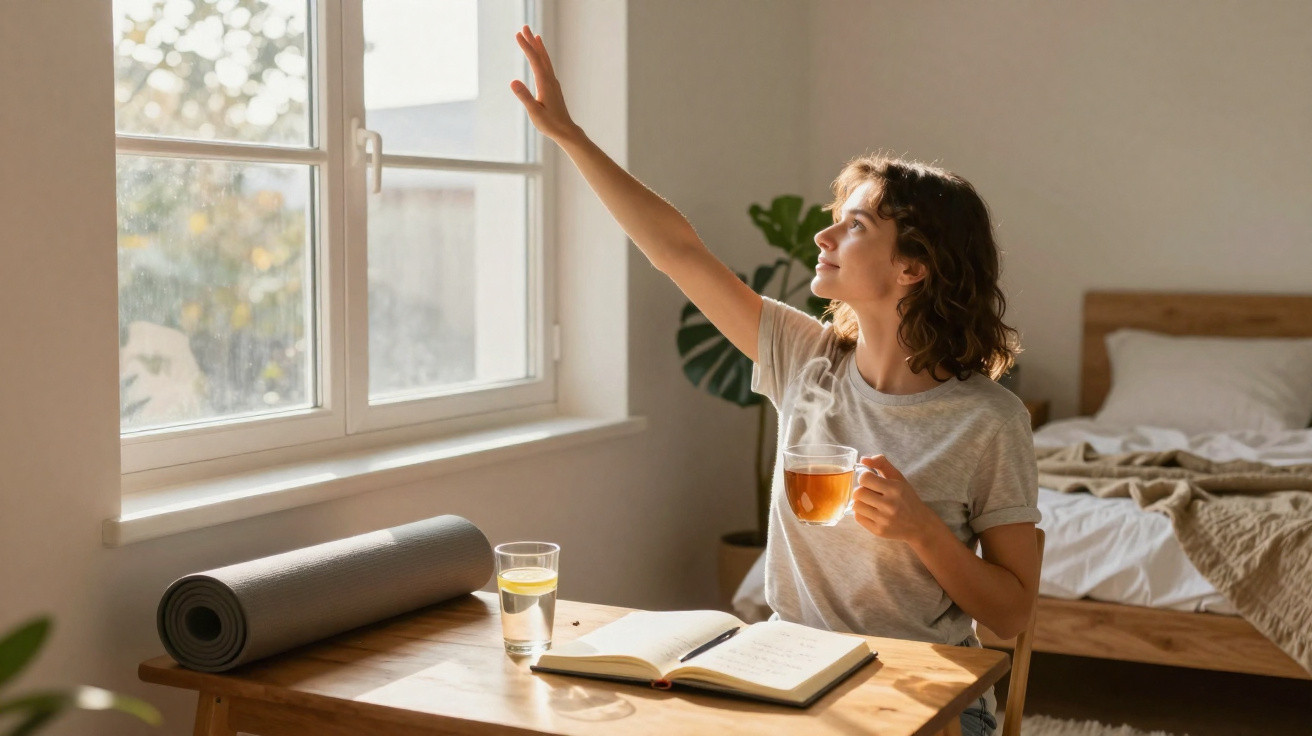 Woman sitting at a wooden table holding a cup of tea, reaching toward a sunlit window in a cosy bedroom.