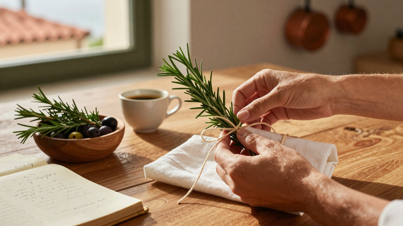 Hands tying a rosemary sprig with string on a cloth on a wooden table with coffee, olives, and notes.