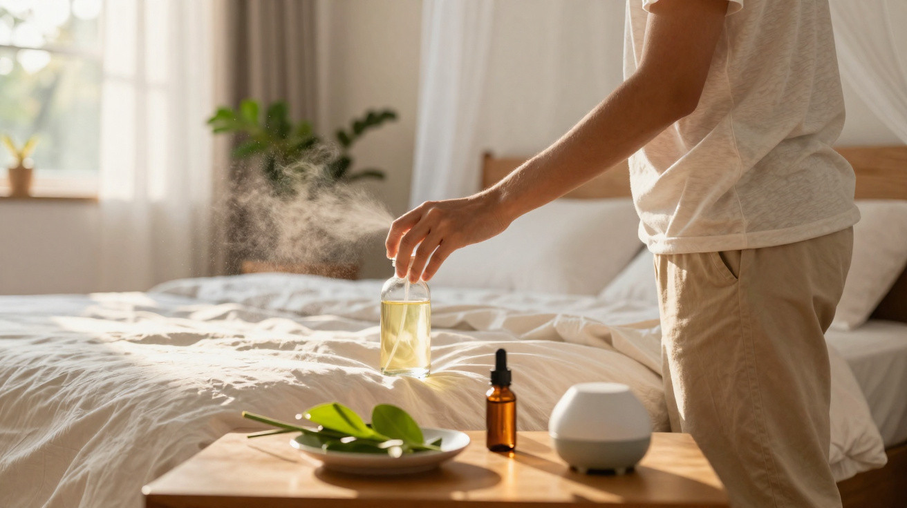 Person holding an essential oil diffuser bottle releasing mist in a sunlit bedroom near a bedside table with leaves and bottl