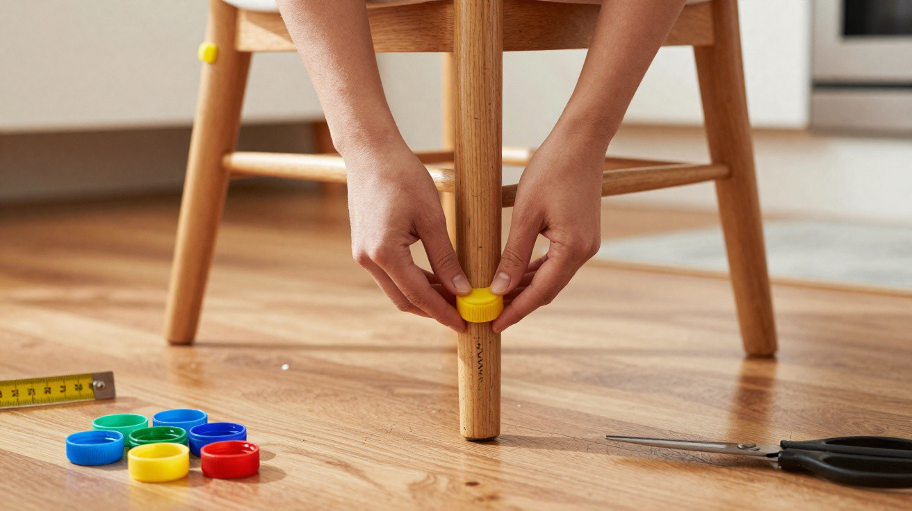 Hands attaching a yellow felt pad to the leg of a wooden chair on a wooden floor with scissors nearby.