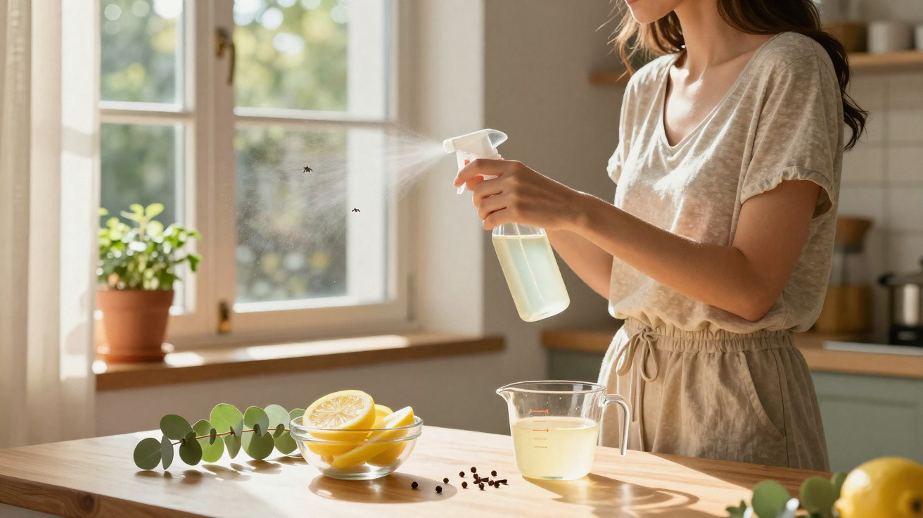 Woman spraying homemade insect repellent from a spray bottle near a sunny window and kitchen table.