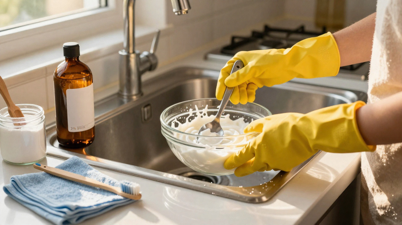 Person wearing yellow gloves stirring a white mixture in a glass bowl over a kitchen sink.