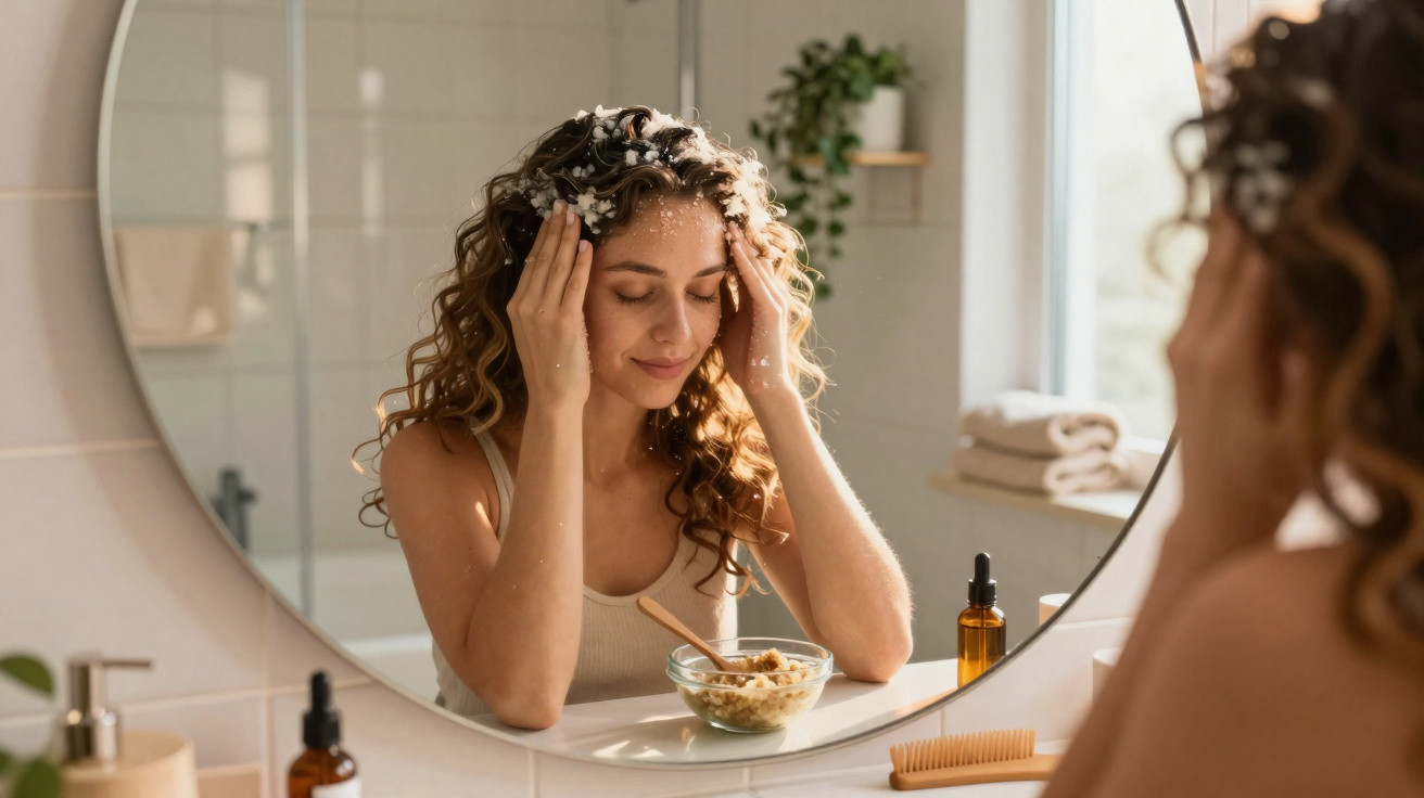 Young woman with curly hair and flower petals in hair looking at herself in round bathroom mirror