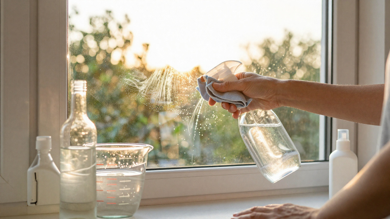 Person cleaning a window with a spray bottle and cloth at sunset with cleaning supplies on the sill.