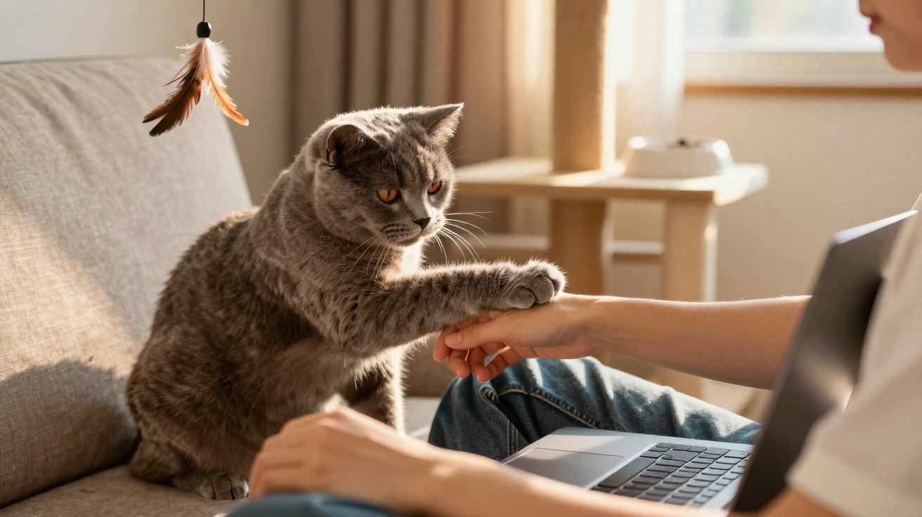 Grey cat resting paw on person's hand beside laptop on a sofa in a sunlit room