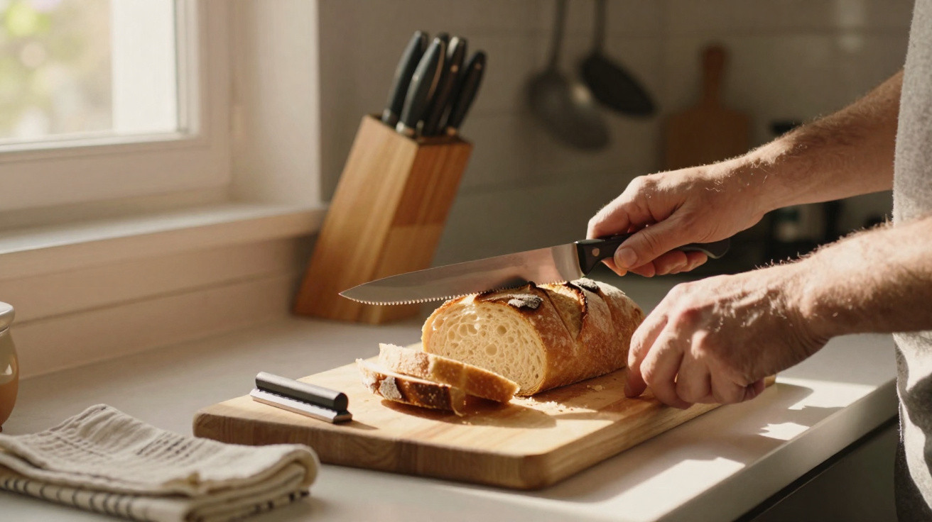 Person slicing a loaf of bread on a wooden chopping board in a sunlit kitchen.
