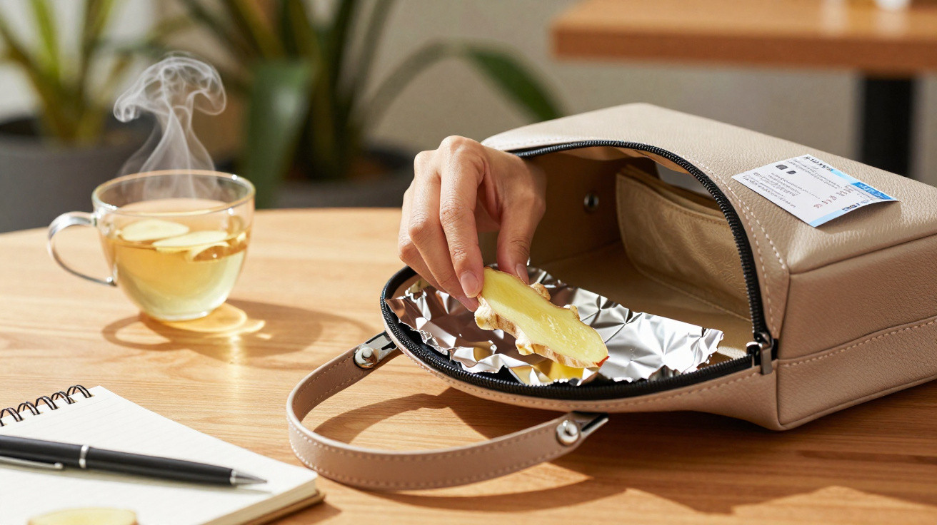 Hand placing a sandwich with lettuce inside a beige handbag lined with foil on a wooden table.