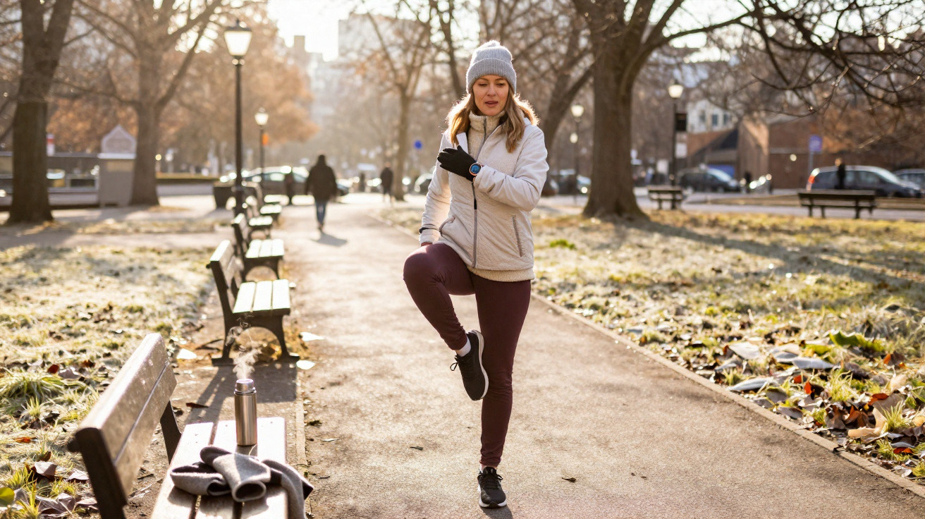 Woman in winter clothes stretching leg on a path in a park on a sunny day with benches and trees around.