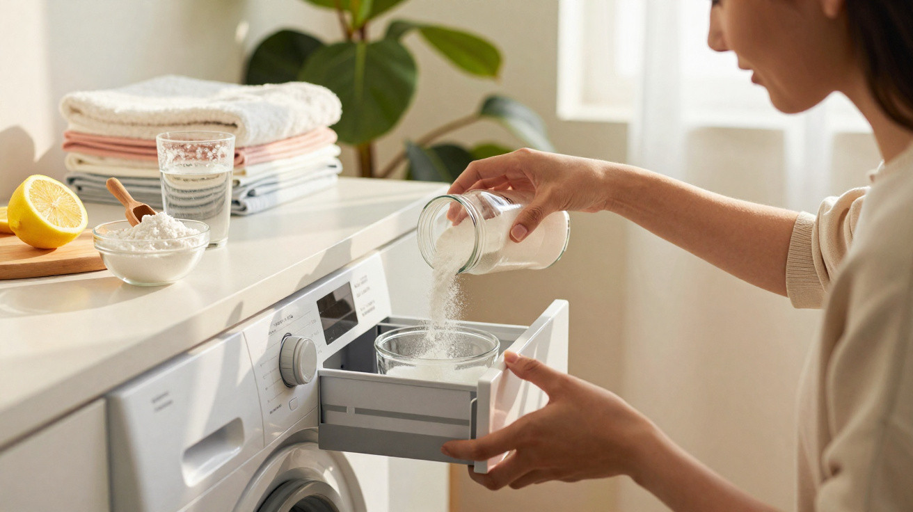 Person pouring washing powder into a washing machine detergent drawer in a bright laundry room.