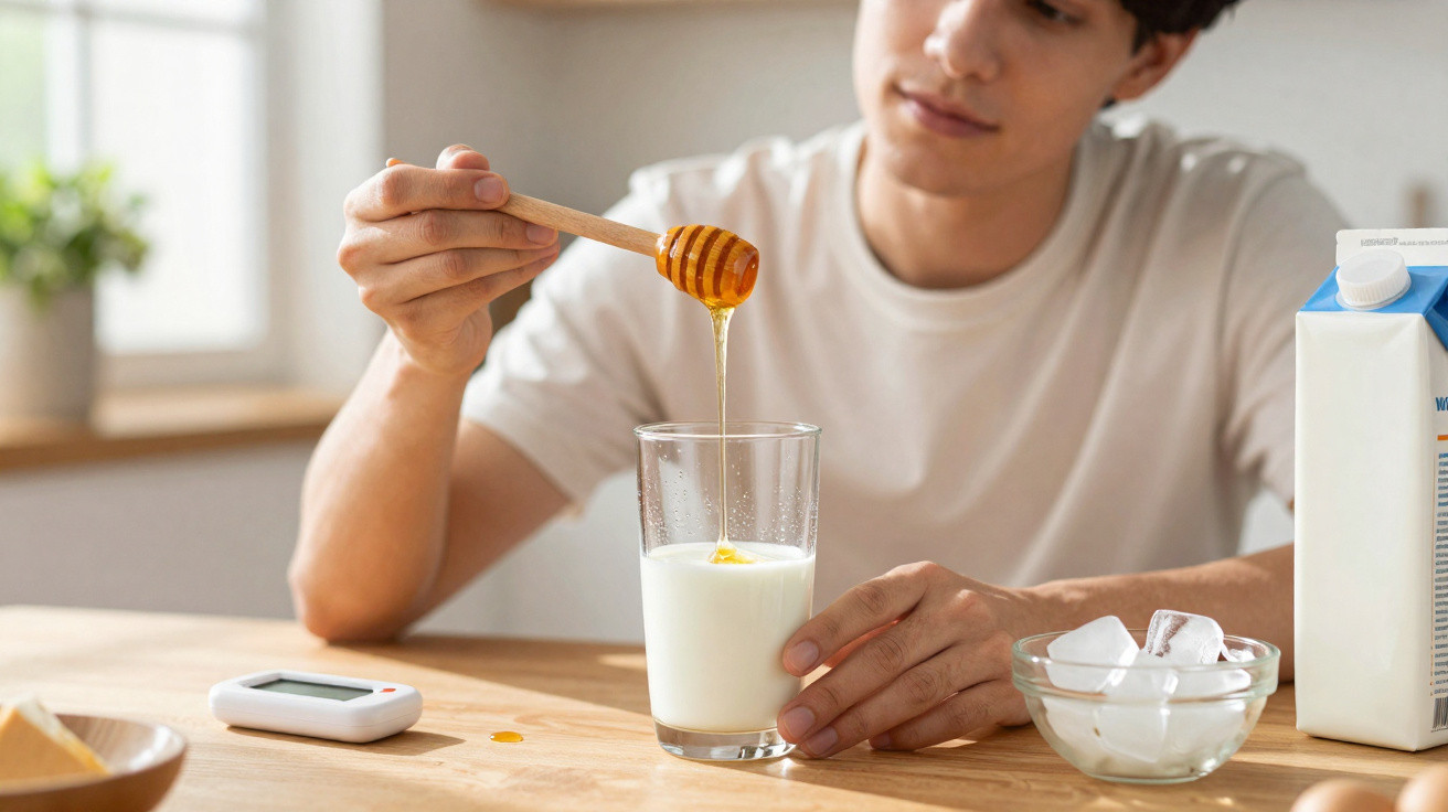 Person pouring honey into a glass of milk at a wooden table with ice cubes and a milk carton nearby.
