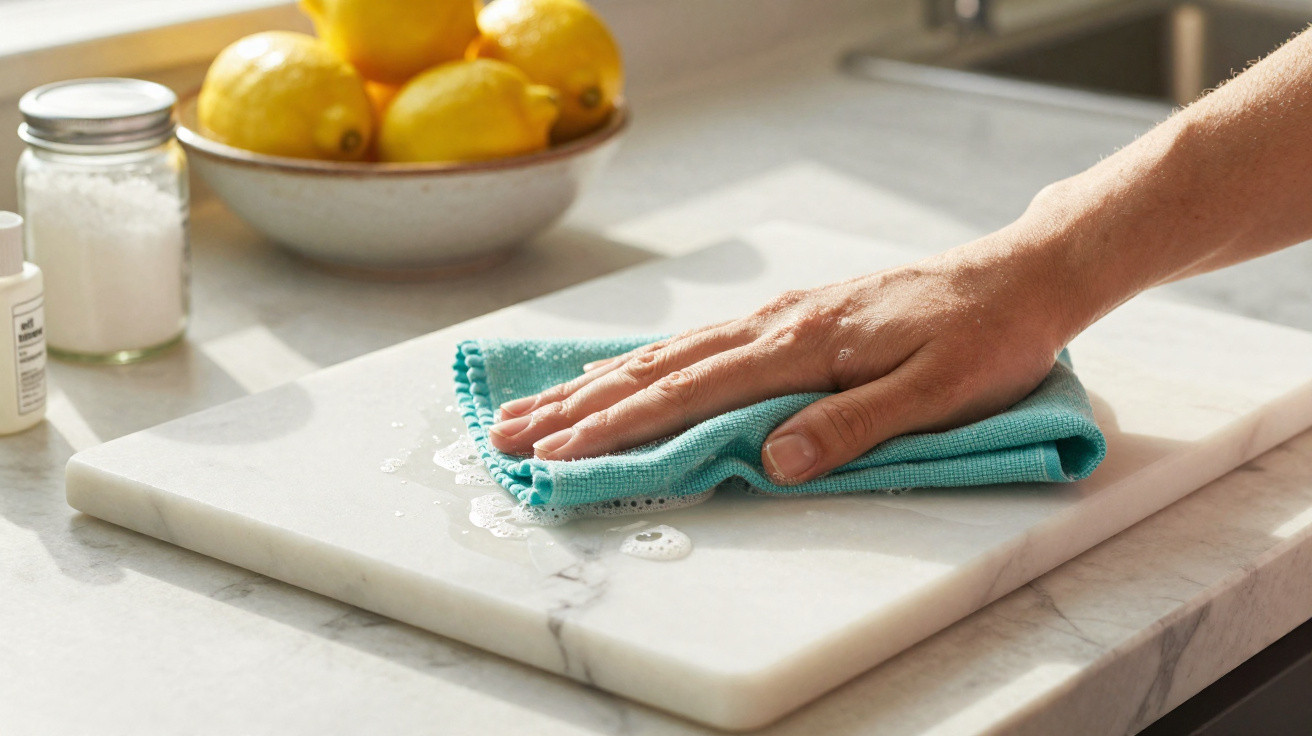 Hand wiping a marble cutting board with a blue cloth on a kitchen countertop with lemons in the background.