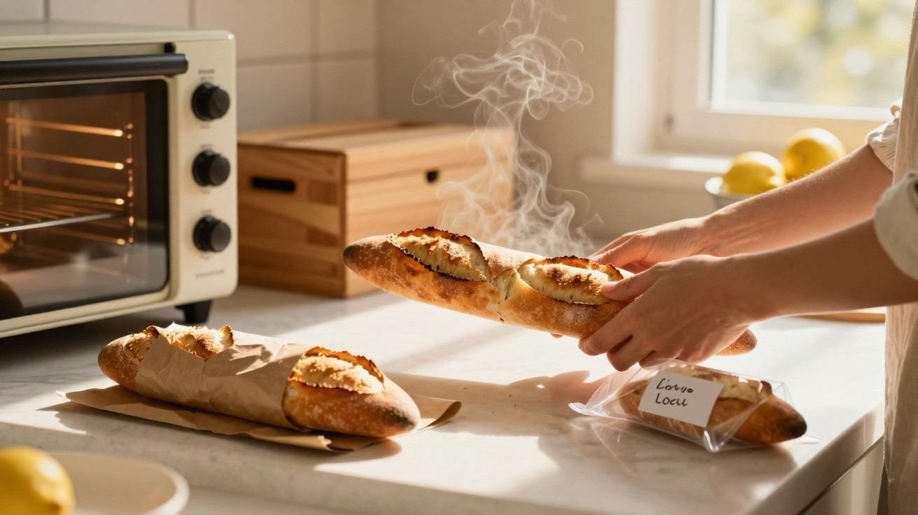 Hands holding a steaming fresh baguette beside more baguettes on a kitchen counter near a toaster oven.