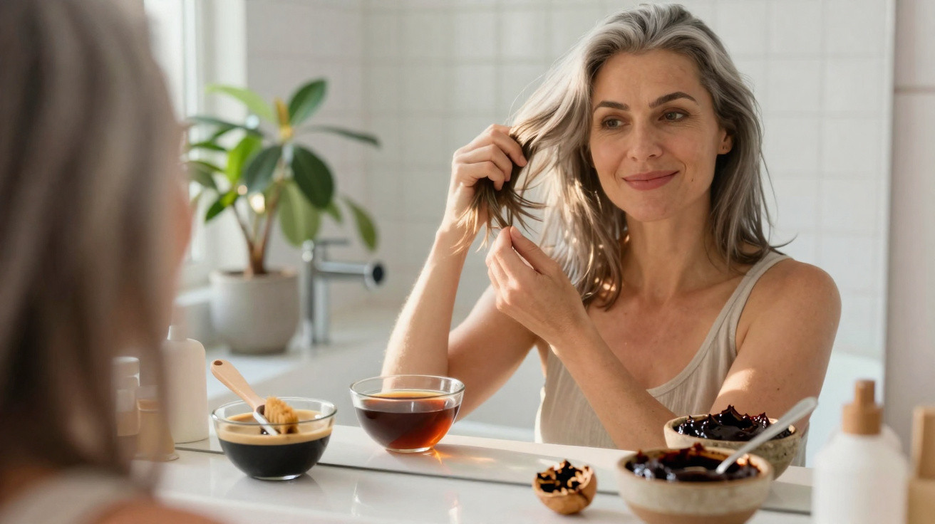 Middle-aged woman sitting in front of a mirror, touching her hair with bowls of natural beauty products on the counter.