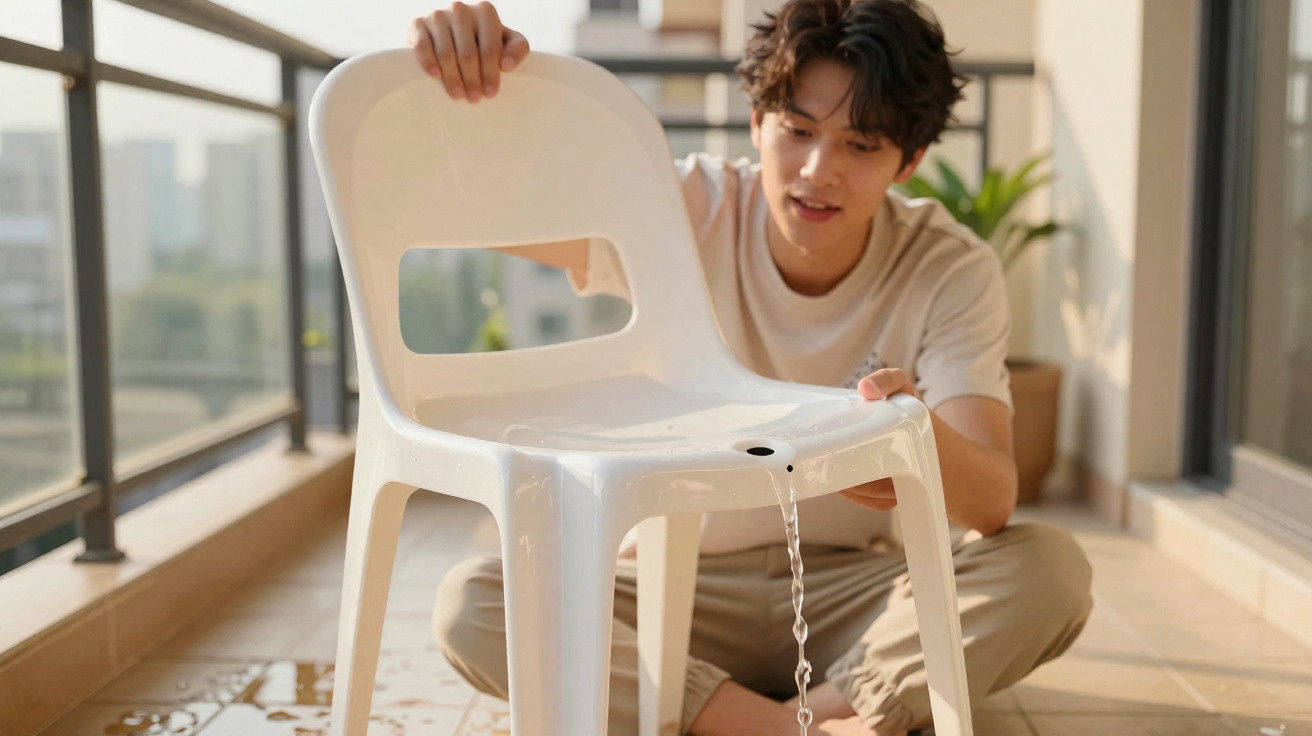Young man sitting on balcony floor pouring water from hole in white plastic chair on sunny day