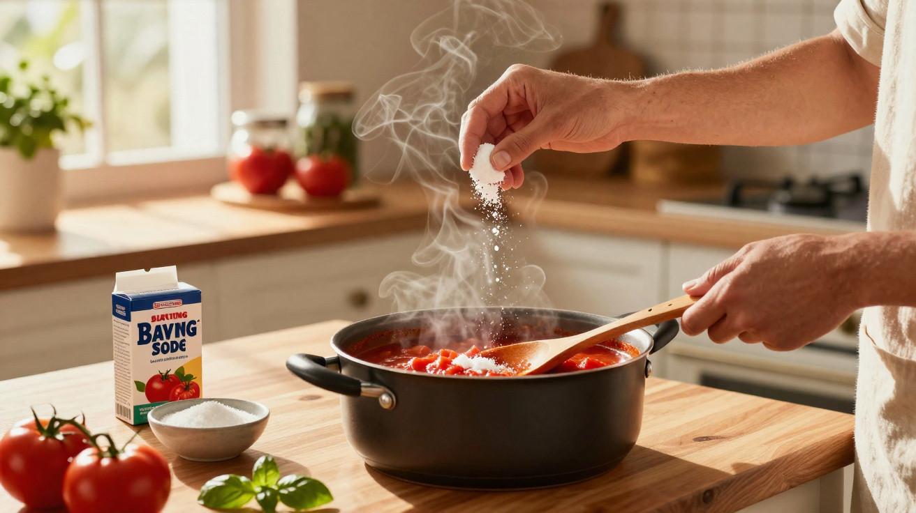 Hands sprinkling salt into a steaming pot of tomato sauce on a kitchen counter with baking soda nearby.