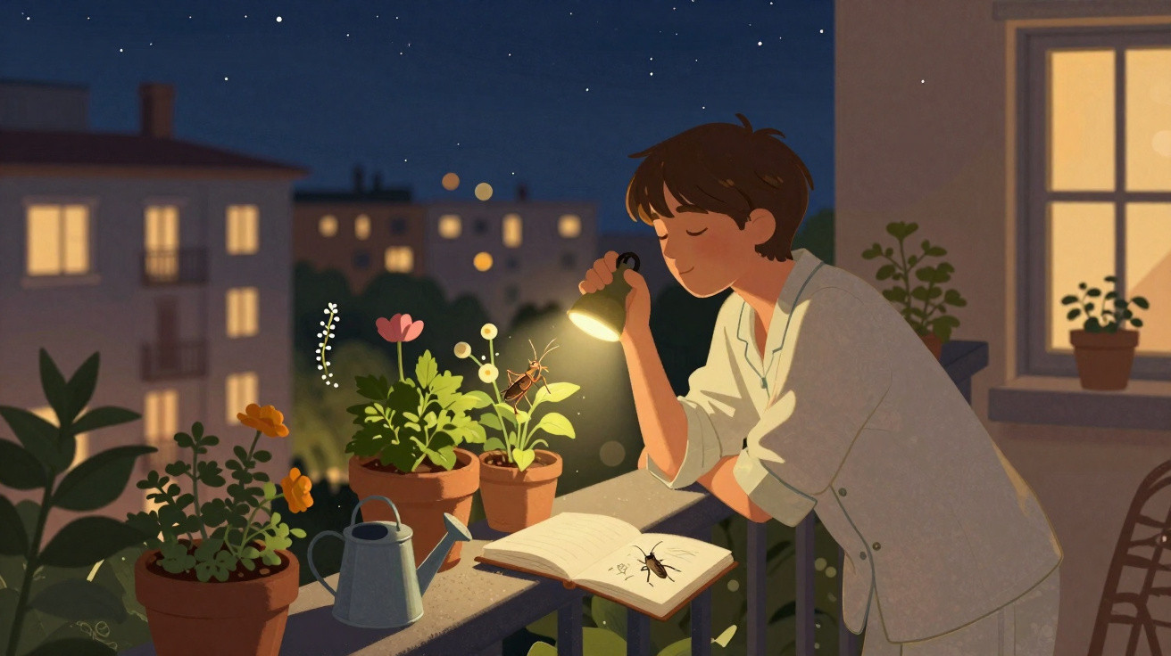 Person in pajamas uses flashlight to study insects on balcony garden at night with city buildings in the background.