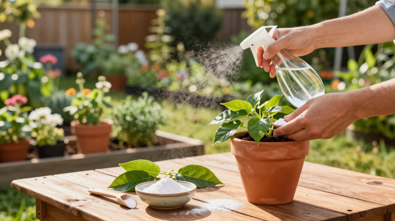 Hands spraying water on a potted plant on a wooden table with a bowl of powder and leaves nearby.