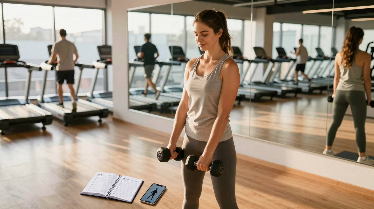 Woman in gym holding dumbbells, with open notebook and phone on floor, men running on treadmills in background.