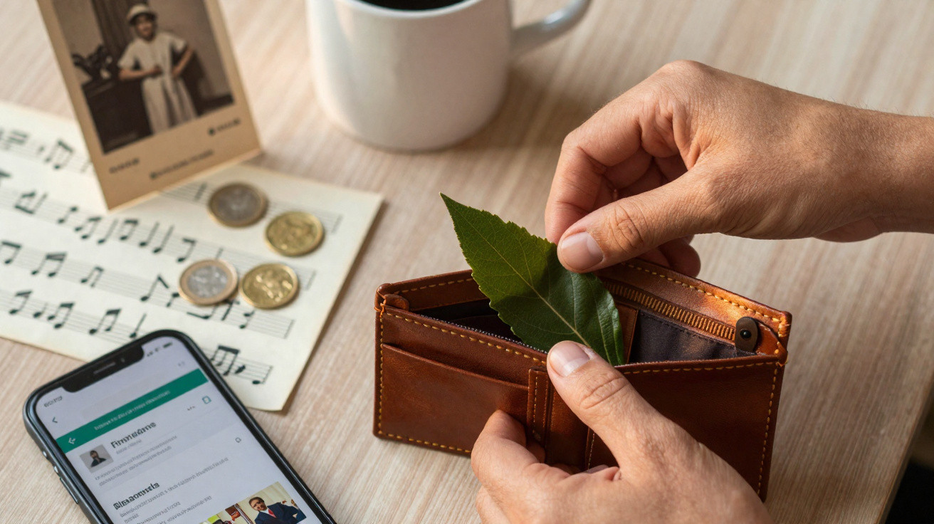Hands placing a green leaf inside a brown leather wallet on a wooden table with coins, music sheets, and a smartphone nearby.