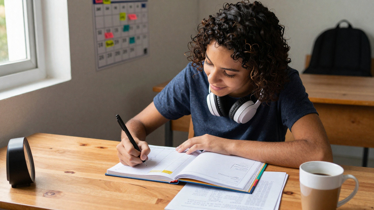 Young woman with headphones around neck writing in planner at wooden desk with coffee cup nearby.