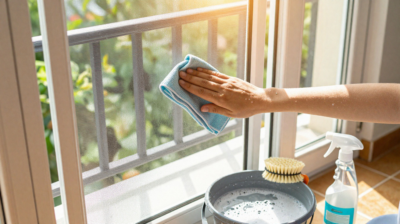 Hand wiping a window screen with a cloth beside a soapy bucket, brush, and spray bottle on tiled floor.